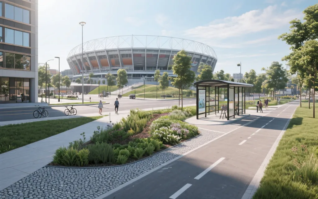 球场周边雨水花园、绿色步道与公共交通换乘空间的街景示意