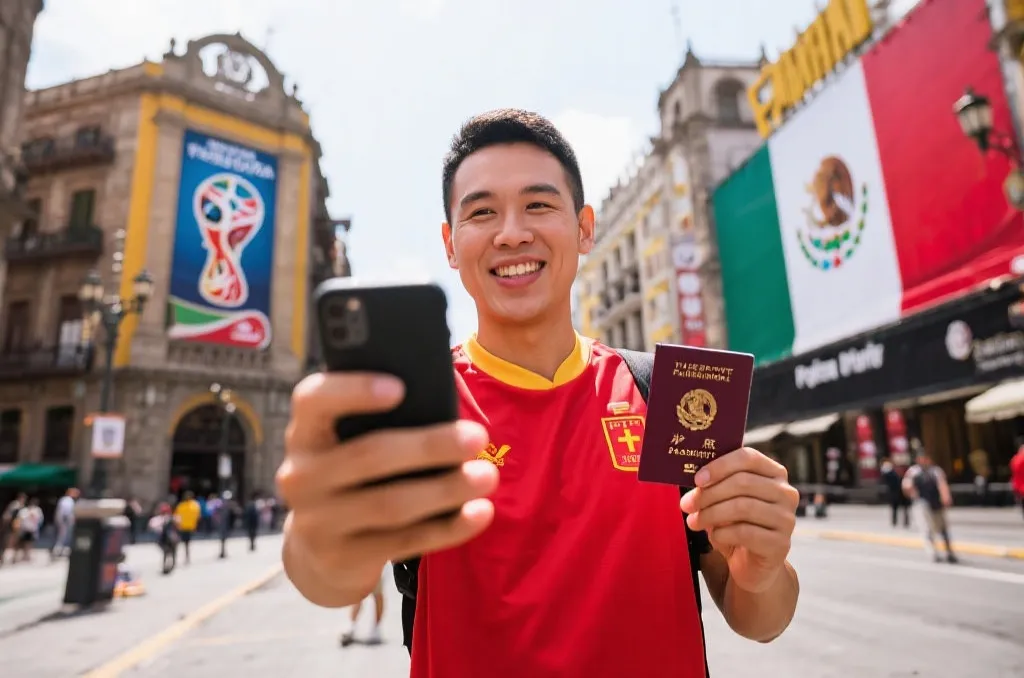 世界杯球迷在墨西哥城市街头举着门票与国旗的旅行氛围图