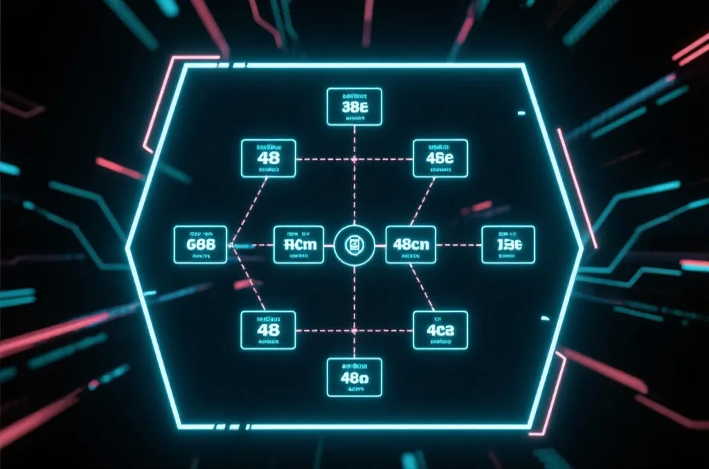 An abstract glowing digital tournament bracket chart displaying a 48-team path on a dark tech background with neon lines