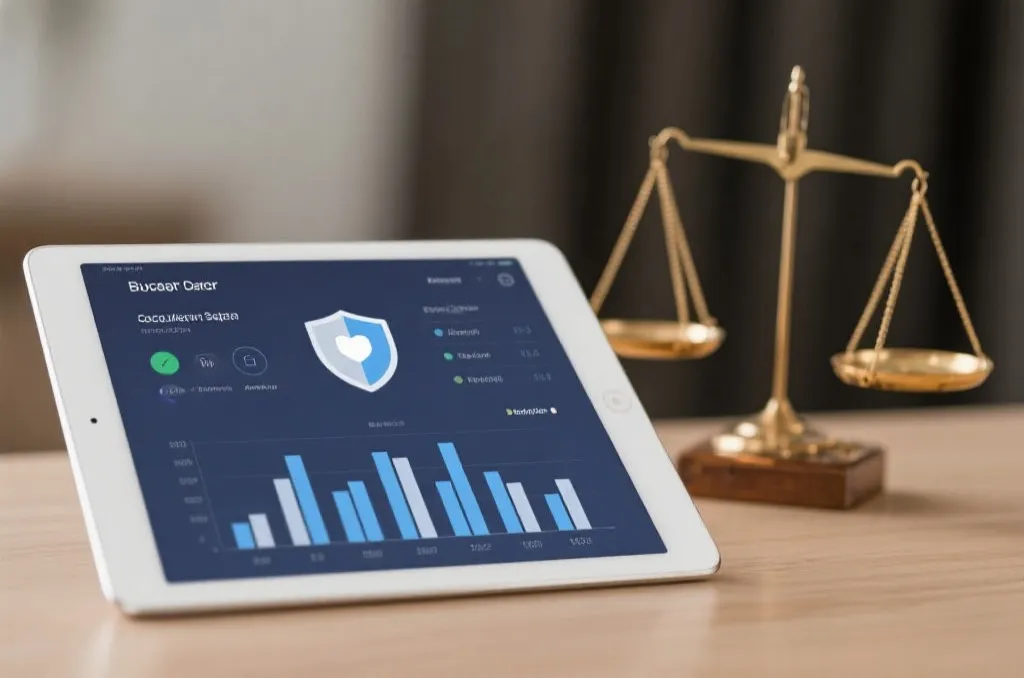 A modern digital tablet displaying a minimalist budget dashboard with a secure shield icon and neat bar charts, with a classic brass balance scale standing in the soft-focus background.